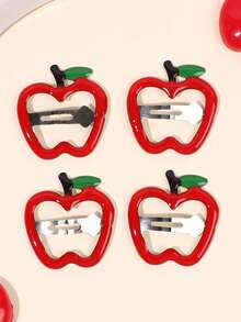 4pcs Red Apple Hair Clips, Red Fruit Hair Clips, Y2K Dopamine BB Clips, Cute Girl Student Hair Accessories Gift, Campus Daily Wear - Multicolor - View 1