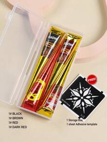 4pcs/Set (1 Hitam + 1 Cokelat + 1 Merah + 1 Merah Tua) Krim Tato Pola Kuku dengan Kotak Penyimpanan, Pasta Lukisan Tato untuk Jari, Lengan dan Tubuh, Tinta Tato Semi-Permanen Berbasis Tanaman - MultiWarna - View 11
