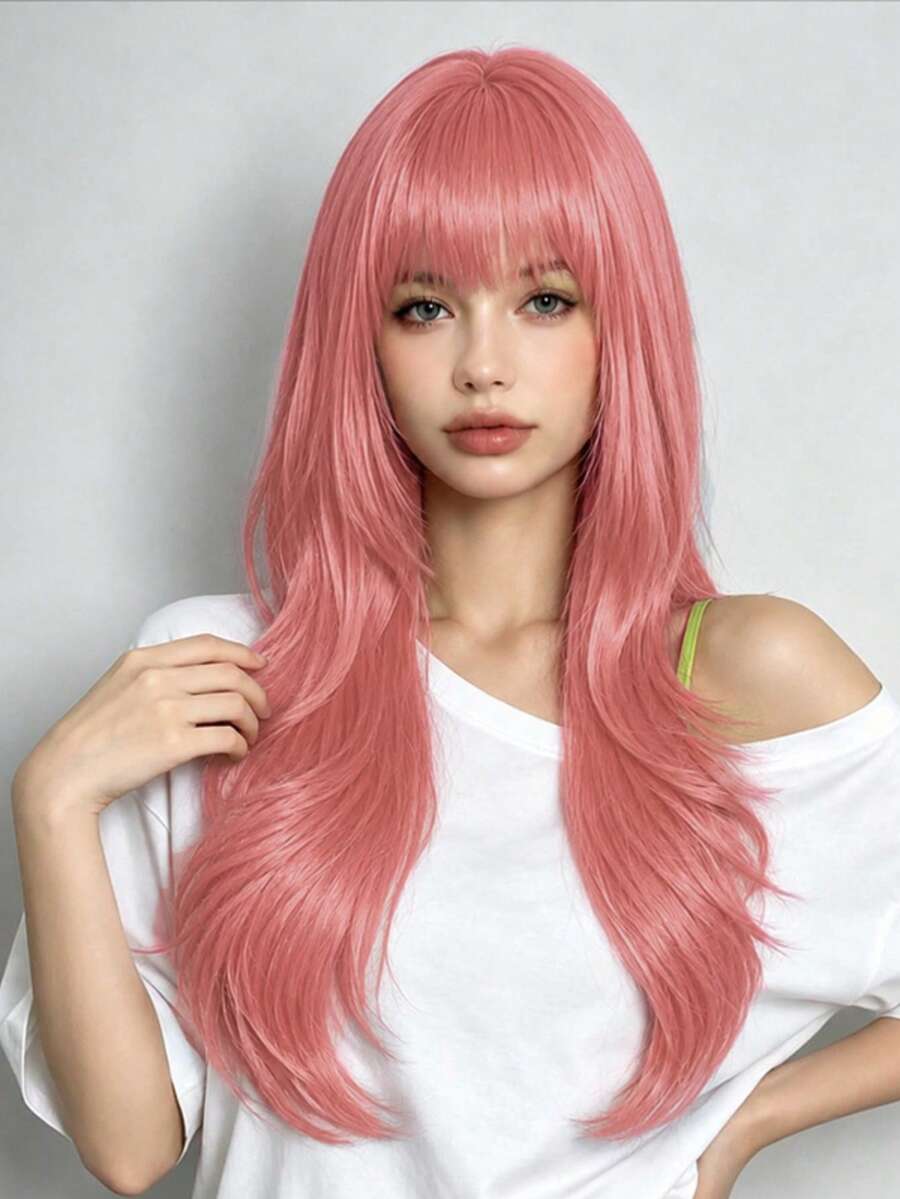 28英吋長款時尚派對女用假髮,捲髮附瀏海,適合所有女性日常配戴與派對場合 - 粉紅色 - 查看 1
