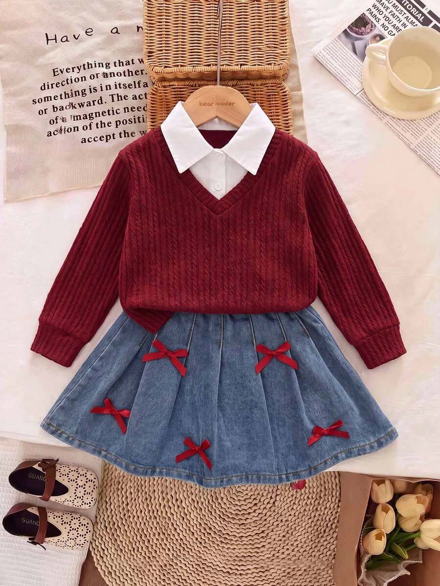 Girls' Fashion Knit V-Neck 2 In 1 Top And Bow Pleated Denim Skirt - Burgundy - View 1