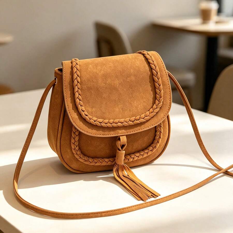 FOREVER MIYIN Women Saddle Crossbody Bag, Large Capacity Boho Purse With Braided Trim Tassel & Magnetic Snap For Daily Festival Travel
