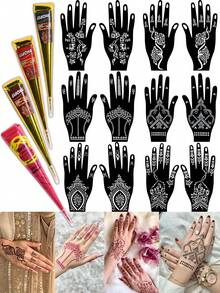 6PCS (2pcs Henna Paste + 2pcs Hand Stencils) Combo Set Henna Nail Art Tattoo Cream With Storage Box Semi-Permanent Plant-Based Tattoo Ink For Hands And Body - Multicolor - View 1
