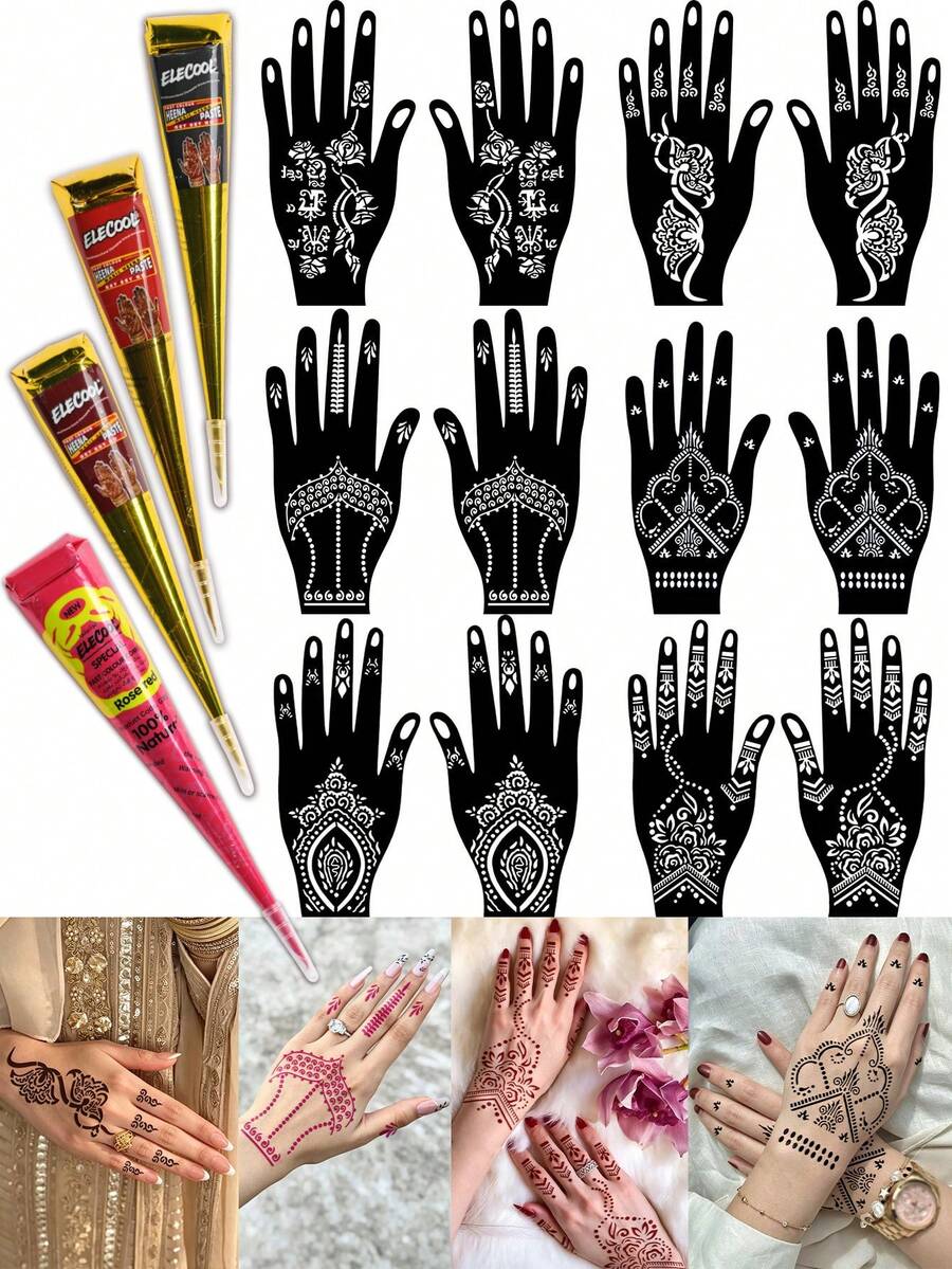 6PCS (2pcs Henna Paste + 2pcs Hand Stencils) Combo Set Henna Nail Art Tattoo Cream With Storage Box Semi-Permanent Plant-Based Tattoo Ink For Hands And Body - Multicolor - View 1