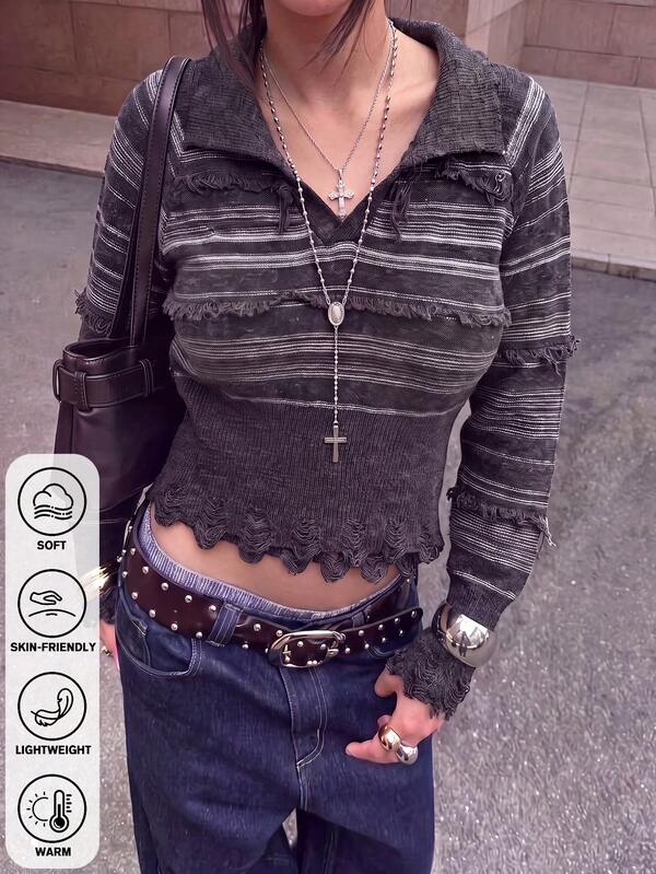 Vintage V-Neck Versatile Striped Slim Fit Sweater