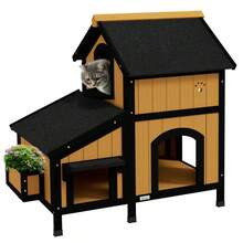 Casa para Gatos de Madera de Abeto de 2 Pisos con Múltiples Entradas, Casa para Animales Pequeños Resistente a la Intemperie con Techo de Asfalto para Uso en Exteriores - Amarillo + Madera - Ver 1