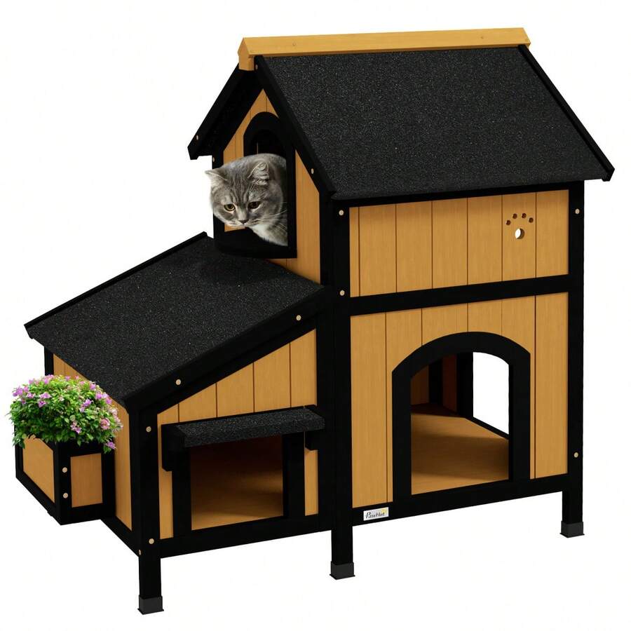 Casa para Gatos de Madera de Abeto de 2 Pisos con Múltiples Entradas, Casa para Animales Pequeños Resistente a la Intemperie con Techo de Asfalto para Uso en Exteriores - Amarillo + Madera - Ver 1