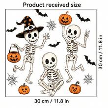 1pc Halloween Skeleton Pumpkin Window Sticker, Hand-Drawn Illustration Style Halloween Pattern Decorative Glass Sticker, Bat Spider Web Element Window Sticker Holiday Decoration, Glue-Free PVC Static Cling Sticker - View 5