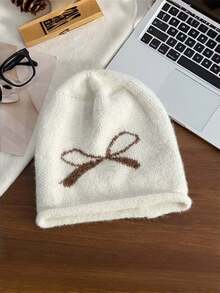1pc Thickened Bow-Knot Knitted Hat For Women, Autumn/Winter Large Head Circumference Ear-Protective Warm Beanie With Embroidered Ear Flaps, Korean Style Slouchy Knit Cap, Postpartum Maternity Hat - Multicolor - View 9