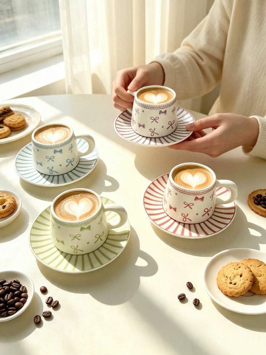 1 Set Cute Bow Pattern Coffee Cup & Saucer, Single Ceramic Espresso Latte Cup With Matching Tray, Sweet Bow Tea Cup, Home Desktop Decor Drinkware, Aesthetic Tableware Gift, Suitable For Girls And Women For Home Breakfast, Party And Daily Use - Multicolor - View 1