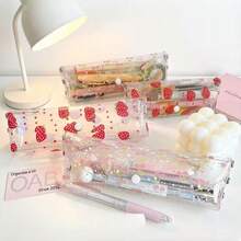 1 hộp bút PVC trong suốt họa tiết dâu tây và anh đào, phù hợp cho văn phòng và học tập, có cửa sổ họa tiết anh đào dâu tây dễ thương, hộp đựng văn phòng phẩm di động - Nhiều mẫu - Xem 10