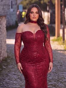 Plus Size Women's Elaborate Red Sequin Mermaid Formal Gown, One Shoulder Long Sleeve Dress With Delicate Beading For Prom Events - Burgundy - View 3