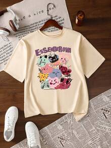 American Style Loose Fit Short Sleeve Top, Hand-Painted Graffiti Cute Cartoon Animal Print Summer Casual T-Shirt - Apricot - View 2