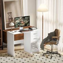 Computer Desk With Drawers, Dressing Table, High Gloss Home Office Writing Workstation, White On-Site - 1 - View 2