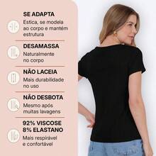 Blusa Feminina Soft Slim Canelado Gola V - Preto - Visão 7