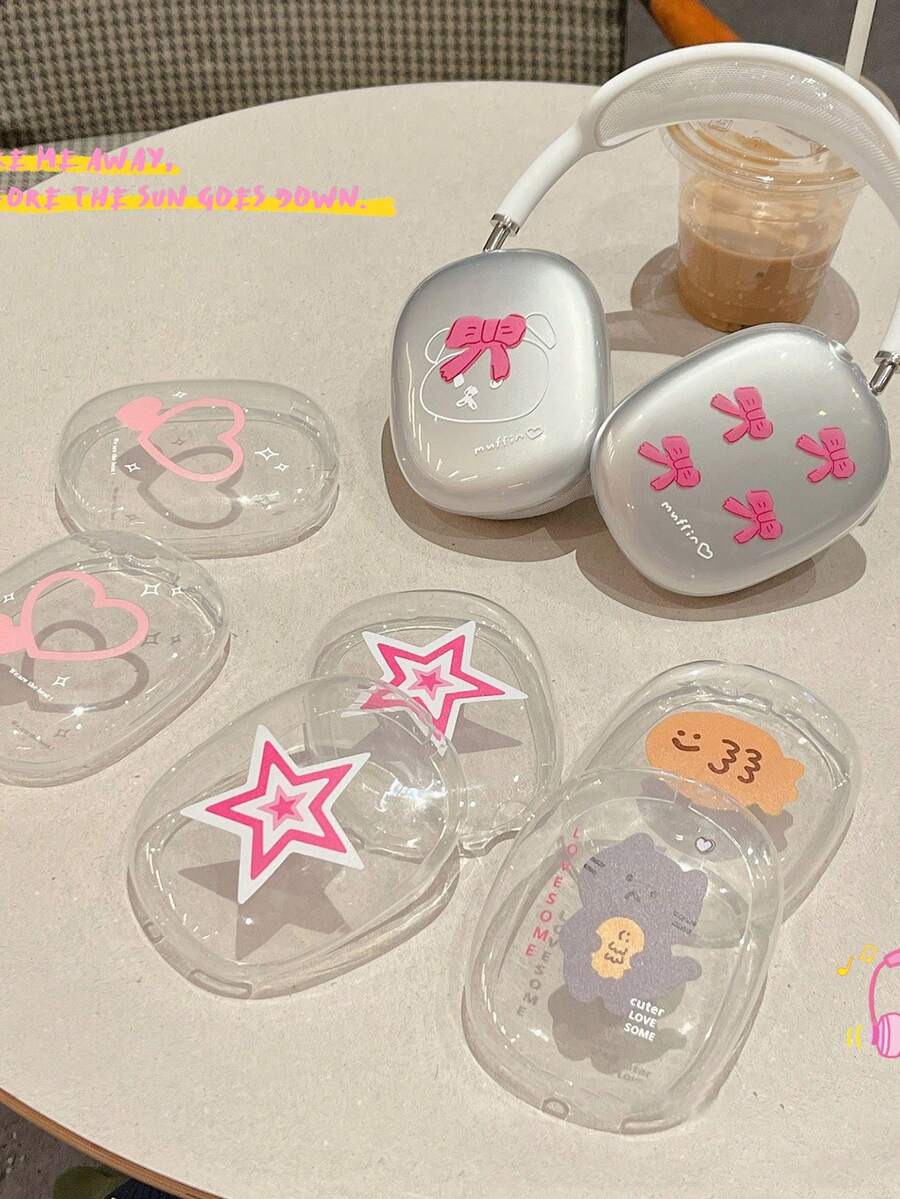 1pc Pink Heart Apple Headphone Case High Transparency TPU Over-Ear Full Coverage Transparent Protective Cover - Clear - View 1