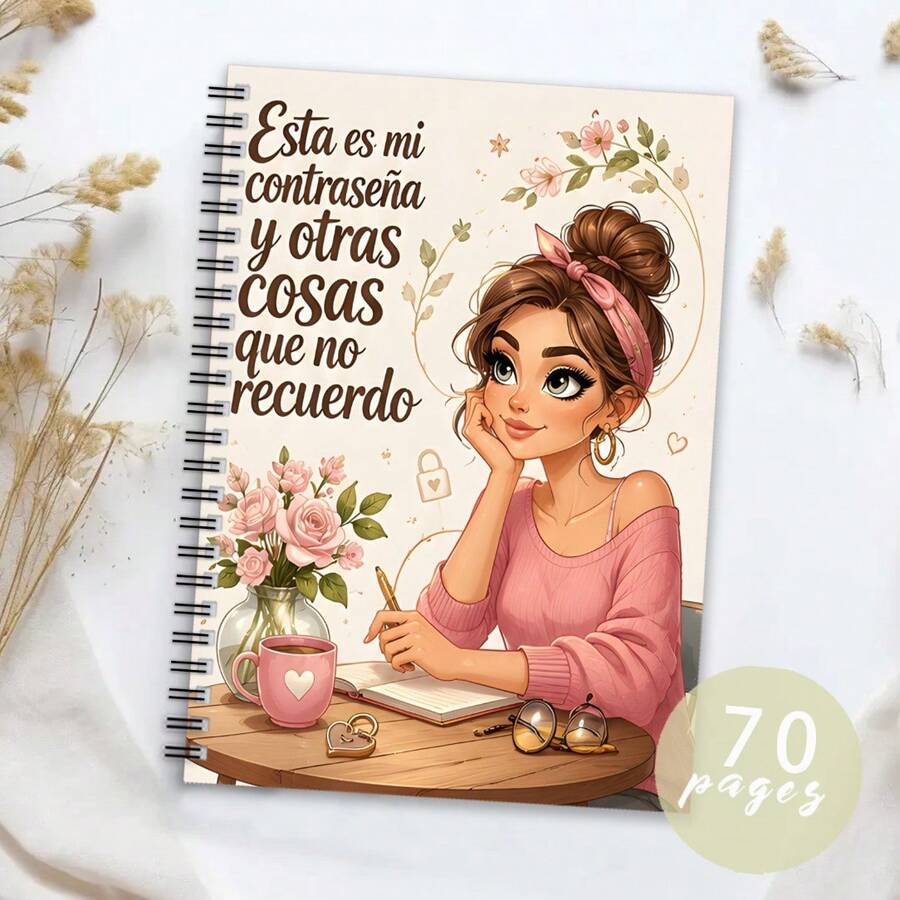 1PC A5 Spiral Binding Spanish Codebook, Cute Aesthetic Girl Illustration Cover Password Log Book, For Recording Website Login Account Info, Portable Password Storage Book, Suitable For Family And Daily Use - Multicolor - View 1