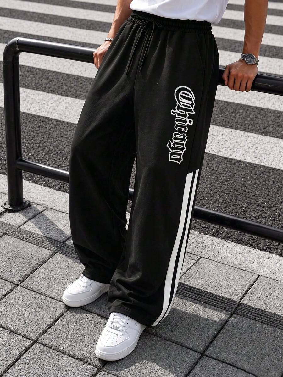 SU ER Men's Elastic Waist Drawstring Casual Pants, Summer Loose Drape Lazy Wide Leg Long Trousers - Black - View 1