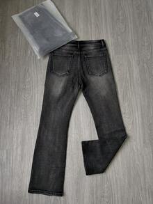 Men's Black Patchwork Frayed Hem Flared Jeans, Streetwear Fashion Denim Pants, Vintage Flared Jeans - Black - View 3