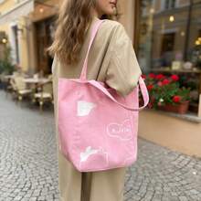 Pink Printed Canvas Fitness Tote Bag, Large Capacity Lightweight Durable, Shoulder Bag Minimalist Versatile Handbag, Fitness Shopping Commute Daily Multi-Use Women's Bag, Suitable For Fitness, Yoga Practice, Daily Commute And Multiple Scenarios - Multicolor - View 5