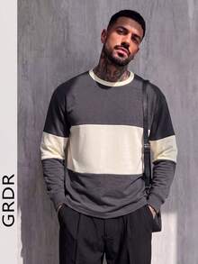 GRDR Men's Spring/Autumn Patchwork Loose Drop Shoulder Crew Neck Long Sleeve T-Shirt - Dark Grey - View 5