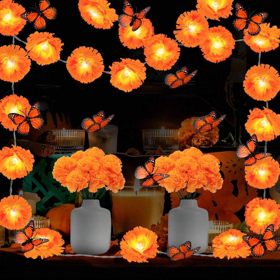 1PC 4.92/9.84FT Halloween Atmosphere Decoration Light String, Marigold Light String, LED Fairy Light, Chrysanthemum Light String, Battery Powered Holiday Decoration, Suitable For Bedrooms, Living Rooms, Birthdays, Parties, Etc - Warm Light - View 1