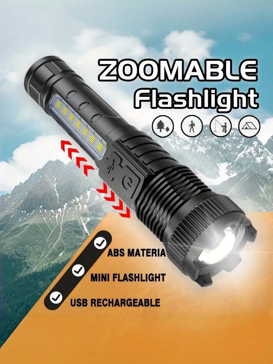 Senter LED berdaya tinggi ini memiliki 5 mode, fungsi zoom, dan pencahayaan genggam yang kuat. Ini adalah senter portabel untuk berkemah yang cocok untuk mendaki gunung di luar ruangan dan keadaan darurat di rumah. Dilengkapi dengan baterai 800mAh bawaan.