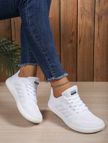 Women's Wide Toe Box Striped Mesh Front Lace-Up Sneakers, Suitable For Casual Sports And Commuting, Extra Wide Athletic Shoes - White - View 3