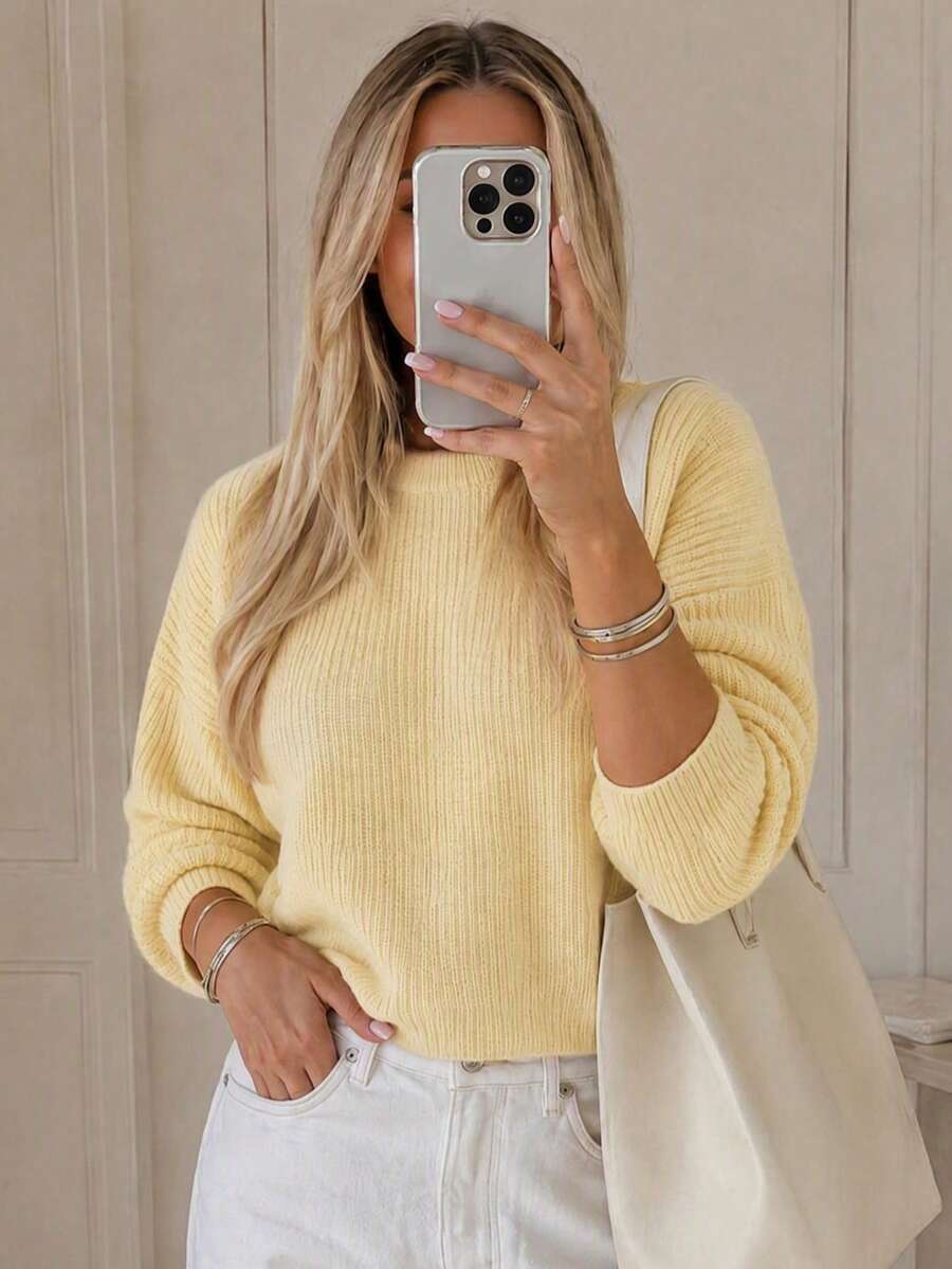 Wixra Women's Cream Yellow Waffle Ribbed Crew Neck Sweater Loose Drop Shoulder Long Sleeve Pullover - Yellow - View 1