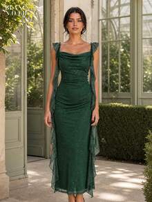 Dark Green| Women's Elegant Dark Green Sequin Mesh Ruffle Trim Bodycon Maxi Dress - 深綠色 - 查看 7