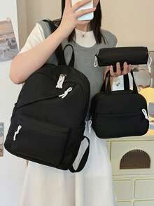 Mochila de estudiante versátil de moda para mujer de unicolor con combinación de doble espalda - Negro - Ver 8