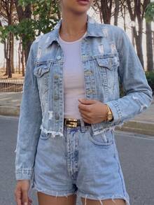 Women's Street Distressed Slim Fit Denim Short Jacket - Light Wash - View 3