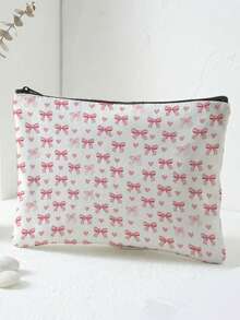1pc Pink Bow Print Makeup Bag, Zipper Closure Portable Toiletry Organizer Storage Bag For Small Items For Daily Use Business Trip Travel - MLH - View 11