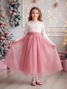 Tween Girl Hollow Back Long Sleeve Pearl Lace Contrast Mesh Tie Party Evening Gown - Dusty Pink - View 3