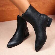 Spring/Autumn Black Soft Leather Pointed Toe Ankle Boots For Women, Low Chunky Heel, Back Zipper, Versatile Slimming Commuter Elegant - Black - View 7