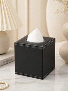 Black Pu Leather Square Tissue Box Cover Holder For Kitchen & Bathroom, Tissue Dispenser Home Bathroom Decor Bathroom Organizer Fall Decor Back To School - Black - View 1