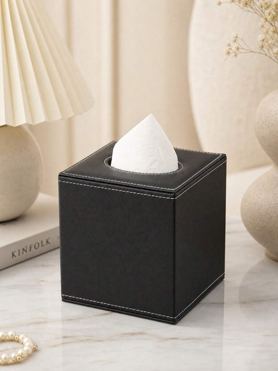 Black Pu Leather Square Tissue Box Cover Holder For Kitchen & Bathroom, Tissue Dispenser Home Bathroom Decor Bathroom Organizer Fall Decor Back To School - Black - View 1
