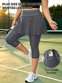 Plus Size Women's High Waist Leggings, 2-In-1 Skorts, With Inner Pockets, Capri Length Yoga Pants, Suitable For Sports, Tennis And Golf - Dark Grey - View 5
