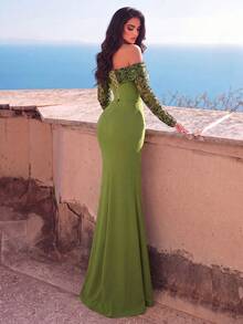 Women's Open Shoulder Long Slit Evening Gown, Contrast Color Sequin Sleeves, Romantic Formal Party Dress - Dark Green - View 2