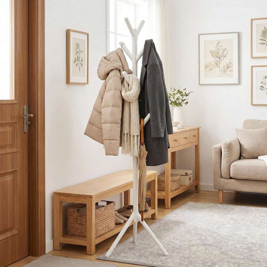 White Floor Standing Coat Rack, Entryway Bedroom Hanging Clothes Rack, Tree-Shaped Multi-Hook Tripod Stable Design, No Assembly Required Minimalist Storage Rack - White - View 1