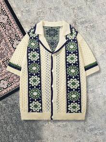 Spring/Summer Men's Neutral Polo Collar Knit Hollow-Out Short Sleeve Cardigan T-Shirt, Casual Vacation Wear - Apricot - View 3
