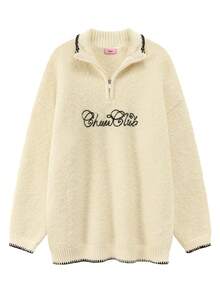 CHUU Letter Embroidered Long Sleeve Knit Sweater Women Autumn/Winter Faux Wool Loop Contrast Color Pullover Loose Fit - Apricot - View 9