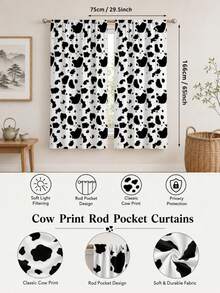 NOSBEI 1 Set Of 2 Pieces, White And Brown Cow Print Rustic Farmhouse Curtains, Faux Leather Texture, Semi-Sheer Privacy Protection, Bedroom/Living Room Decor - Black and White - View 7
