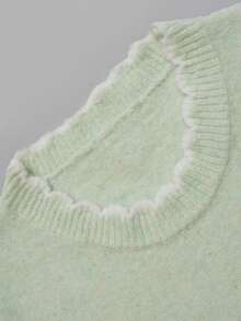 Nicenter Women's Autumn/Winter Casual Minimalist Mint Green Wool Blend Crew Neck Ruffle Trim Long Sleeve Ribbed Knit Sweater, Elegant For Office, Daily Wear, Home And Dating - Mint Green - View 5