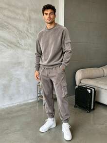 Retro Washed Fuzzy Cargo Tracksuit, Men Raglan Crew Neck Sweatshirt Drawstring Cargo Joggers Casual 2‑Piece Outfit - Dark Grey - View 2