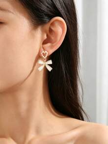 French Style Heart Bow Earrings, Delicate Atmosphere Dangle Earrings - Multicolor - View 6
