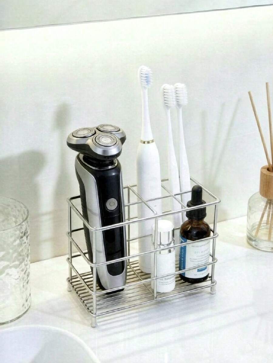 1 pieza Estante de almacenamiento de hierro para lavado/Estante de almacenamiento de cepillos de dientes con compartimentos para baño/Estante de almacenamiento multifuncional con drenaje para encimera/Suministros para el hogar/baño/Accesorios de baño/Artículos de tocador/Estante para cepillos de dientes