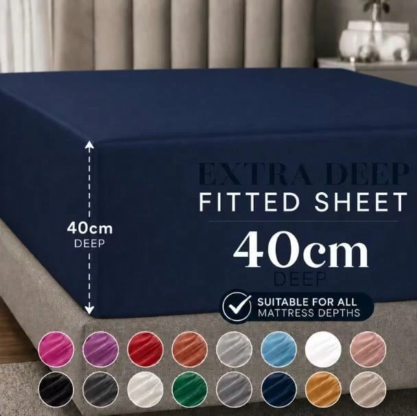 H&R Extra Deep Fitted Sheet 40 Cm (16 Inch) Pocket Soft Brushed Microfiber Mattress Bed Sheet Breathable, Shrink & Fade Resistant All Around Elastic, Machine Washable Sheet For Home Bedroom - Navy Blue - View 1