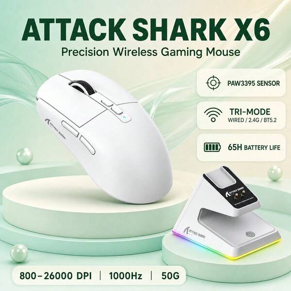 Attack Shark X6 Bluetooth Gaming Mouse PAW3395 Sensor 800-26000 DPI 65H Battery 650IPS Speed HUANO Pink Dot 80-Million-Click Switch
