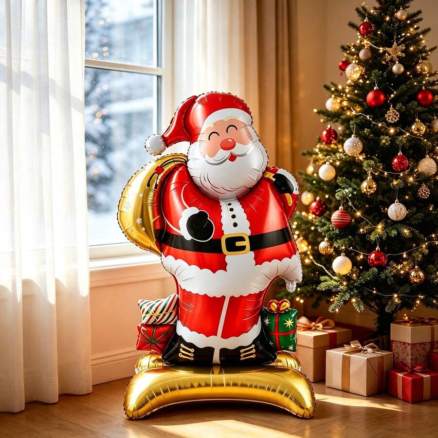 Santa Claus Shaped Foil Balloon With Base Gift Bag, Christmas Party Supermarket Counter Decoration Theme Props - Multicolor - View 1