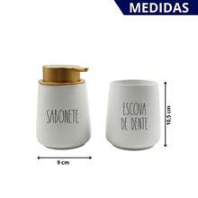 Kit para Banheiro Dispenser e Porta Escova de Dente em cerâmica com Escrita Minimalista - Visão 5